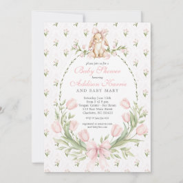 Invitación Vintage Bunny Pink Bow Floral Girl Baby Shower 
