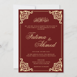 Invitación Vintage Burgundy Baroque Gold Frame Boda Musulmán
