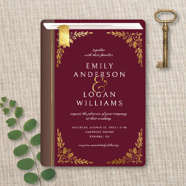 Invitación Vintage Burgundy Book Cover Gold Floral Wedding