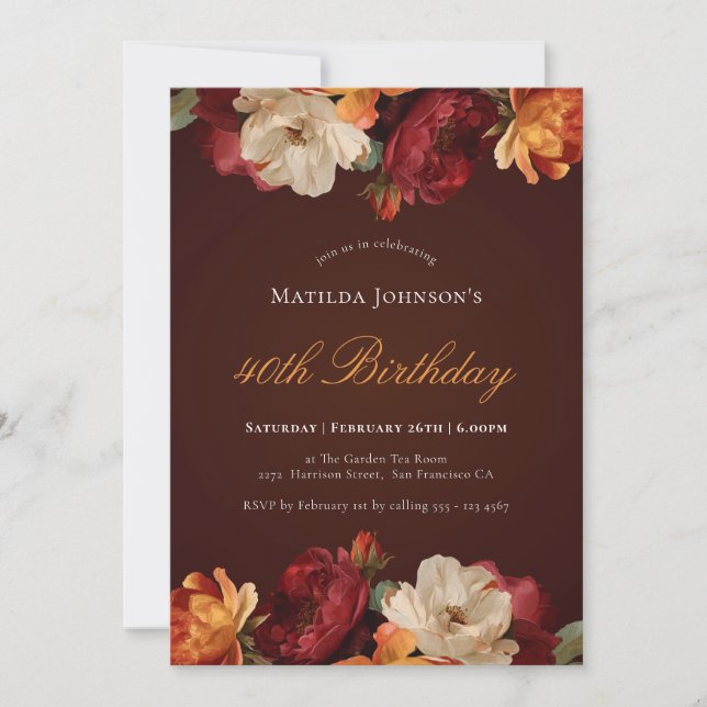 Invitación Vintage Burgundy Floral 40 cumpleaños (Anverso)