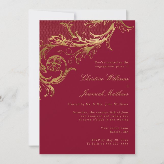 Invitación Vintage Burgundy Gold Damask Engagement (Anverso)