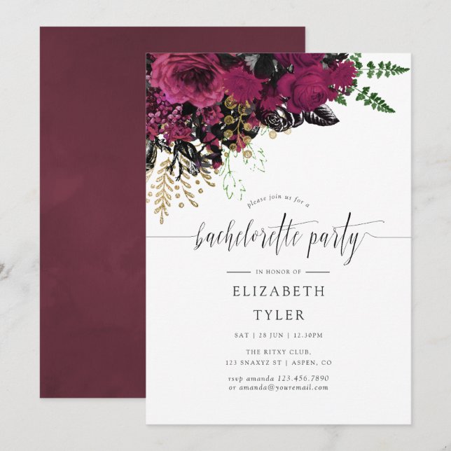 Invitación Vintage Burgundy & Gold Floral Bachelorette (Anverso / Reverso)