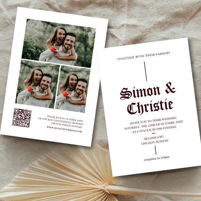 Invitación Vintage Burgundy Photo Collage QR Code Wedding (Subido por el creador)