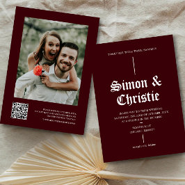 Invitación Vintage Burgundy Photo QR Code Wedding