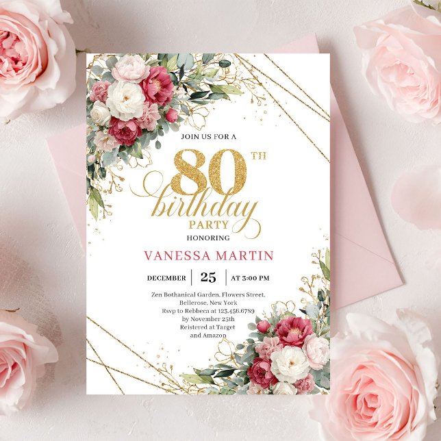 Invitación Vintage Burgundy Red Gold 80th Birthday Invite (Vintage Burgundy Red Gold 80th Birthday Invite)