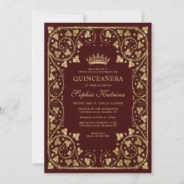 Invitación Vintage Burgundy Red Gold Moderno Tiara Quinceaner