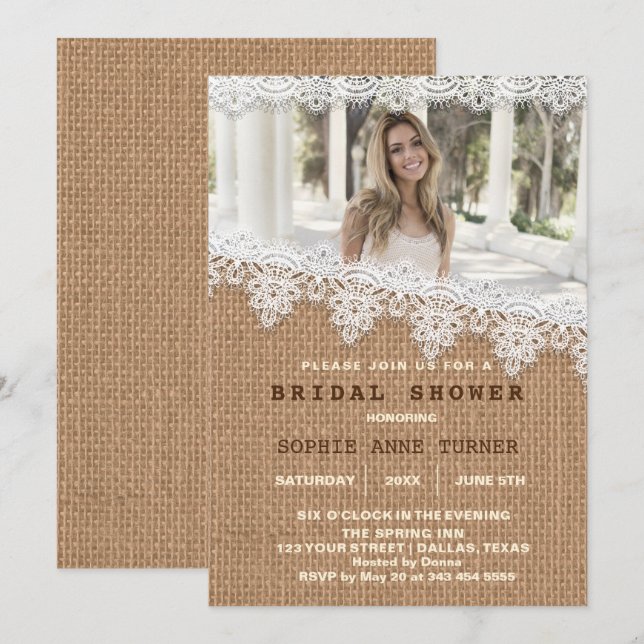 Invitación Vintage Burlap Lace Photo Briower (Anverso / Reverso)