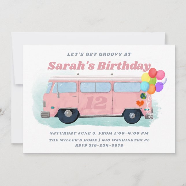 Invitación Vintage Bus Retro 70 Groovy Birthday Party (Anverso)