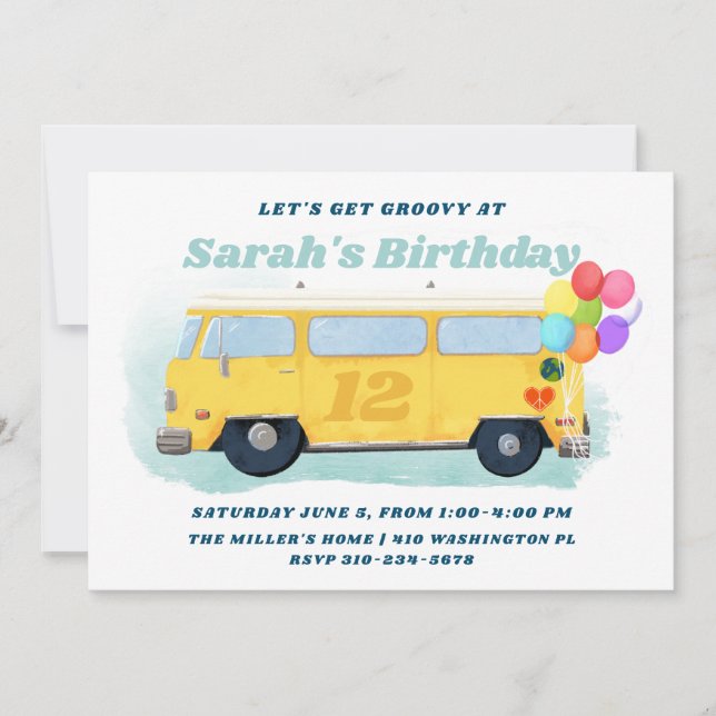 Invitación Vintage Bus Retro 70 Groovy Birthday Party (Anverso)