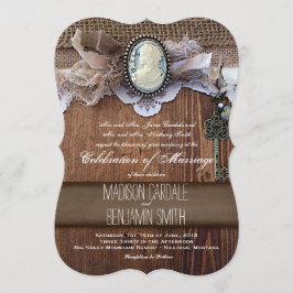Invitación Vintage Cameo Key Burlap Wood Wedding Invita