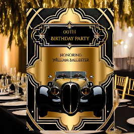 Invitación Vintage Car Birthday Party Gold Black 1930