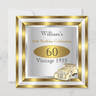 Invitación Vintage Car Men's 60th Birthday Party Gold White 2