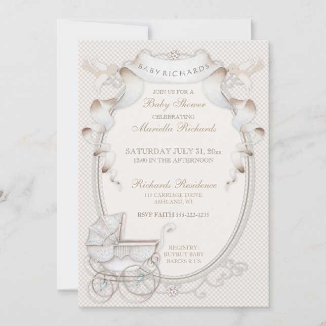Invitación Vintage Carriage Ivory Creme Gingham Birds (Anverso)