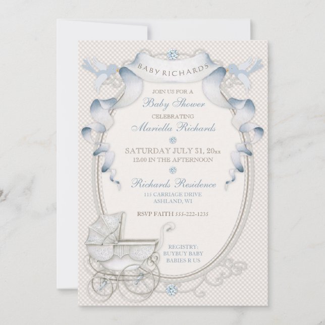 Invitación Vintage Carriage Ivory Gingham Blue Birds (Anverso)