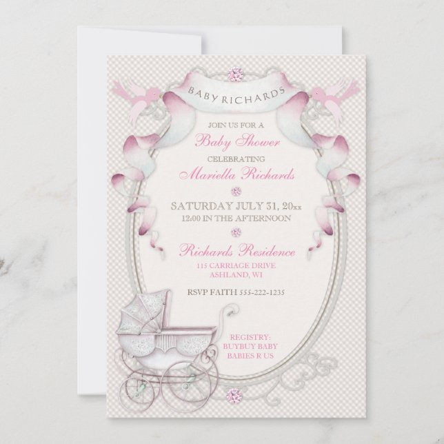 Invitación Vintage Carriage Ivory Pink Gingham Birds (Anverso)
