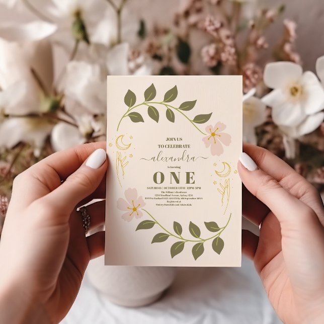 Invitación Vintage Celestial Botánico Primer Cumpleaños (Subido por el creador)