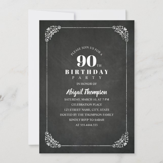 Invitación Vintage Chalkboard Adultos 90 cumpleaños (Anverso)