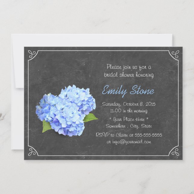 Invitación Vintage Chalkboard Blue Hydrangea Bridal Shower (Anverso)