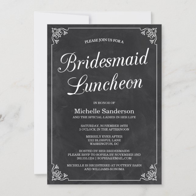 Invitación Vintage Chalkboard Bridal Shower Luncheon (Anverso)