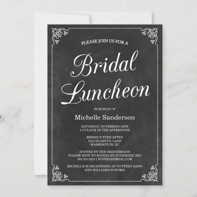 Invitación Vintage Chalkboard Bridal Shower Luncheon (Anverso)