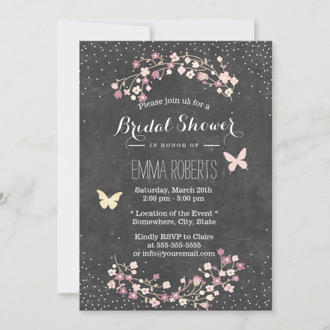 Invitación Vintage Chalkboard Butterfly Floral Bridal Shower (Anverso)