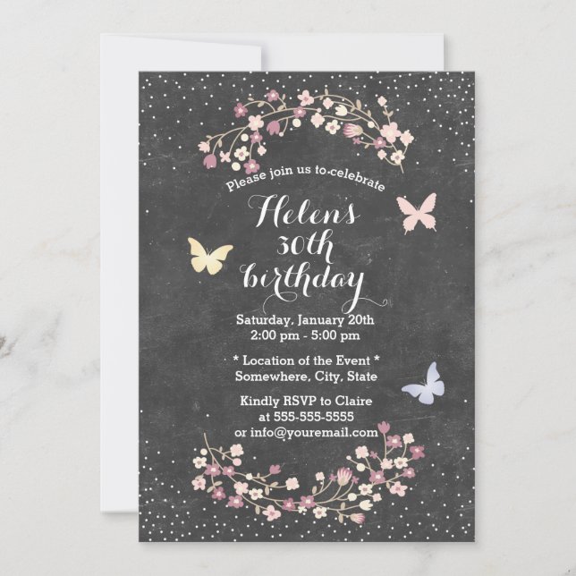 Invitación Vintage Chalkboard Floral Birday Party (Anverso)