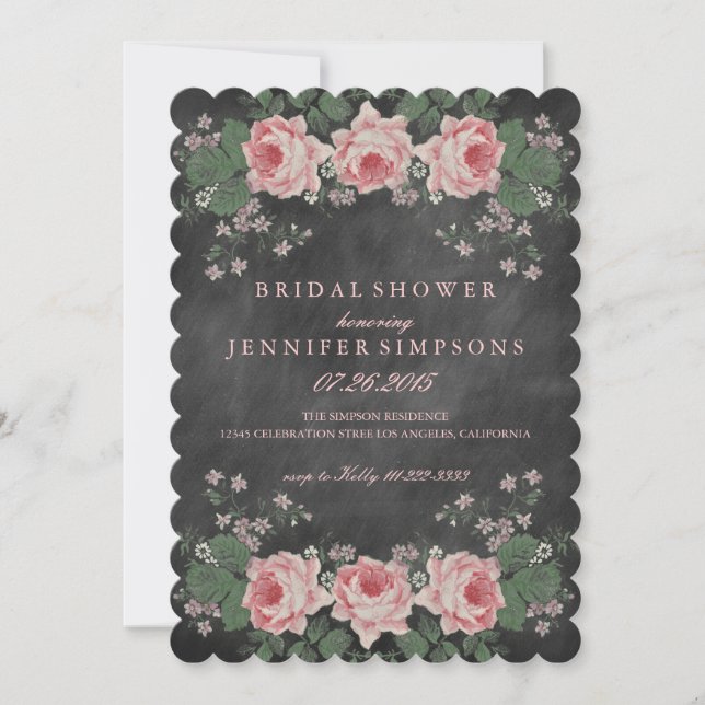 Invitación Vintage Chalkboard Floral Rosa Bridal Shower (Anverso)