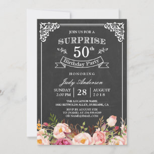 Invitación Vintage Chalkboard Floral Surprise Fiesta de Cumpl