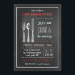 Invitación Vintage Chalkboard Navidades Fiesta Rojo Azul Blan<br><div class="desc">diseño de estilo de pizarra vintage, plantilla fiesta de navidades, colores rojo/azul/blanco, cubiertos vintage, fork/cuchara/cuchillo antiguo gráfico, comamos/bebamos y seamos alegres, diseño divertido/simple/festivo/fresco, ilustracion antiguo/imagen/collage digital, inspirado/estilo/look/look, plantilla de texto completamente personalizable, patrón de rayas dentadas rojas/horizontales, líneas en blanco, borde blanco. Diseño fiesta de Navidades divertidos con ilustracion antiguo de...</div>