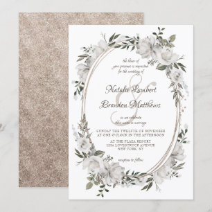 Invitación Vintage Cherish White Floral y Rosas Oval Boda
