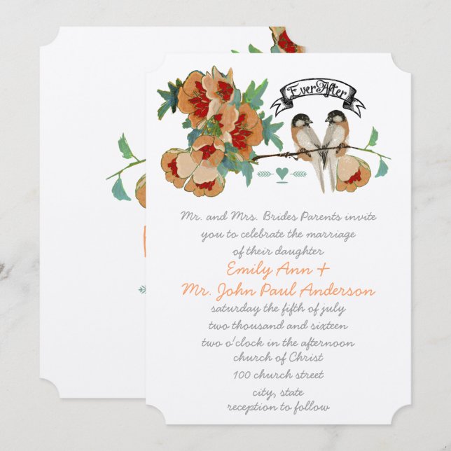 Invitación Vintage Cherry Blossom Love BIrd Peach (Anverso / Reverso)