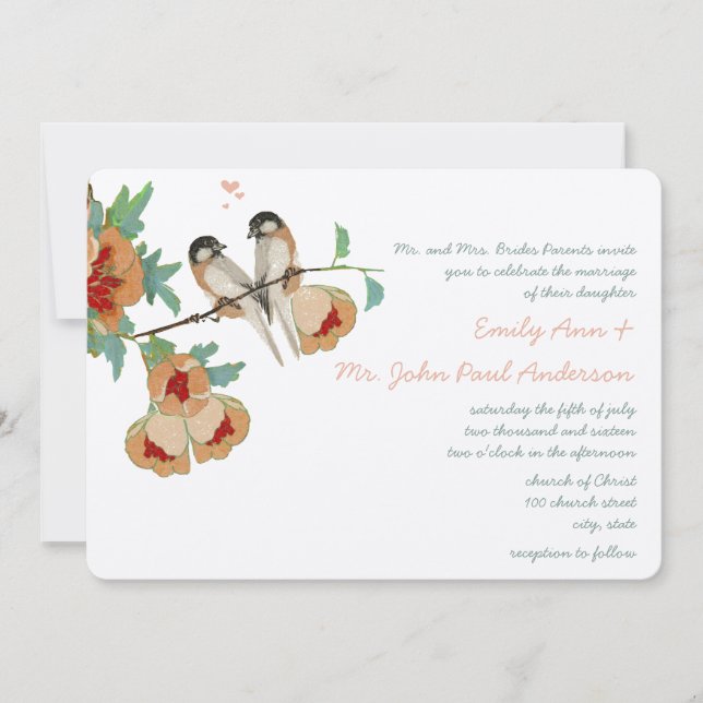 Invitación Vintage Cherry Blossom Love BIrd Peach (Anverso)