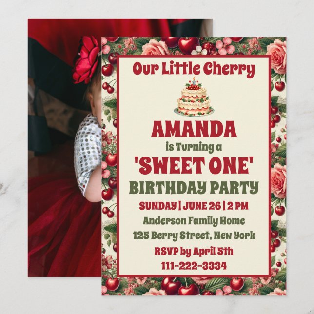 Invitación Vintage Cherry 'Sweet One' 1er cumpleaños foto (Anverso / Reverso)