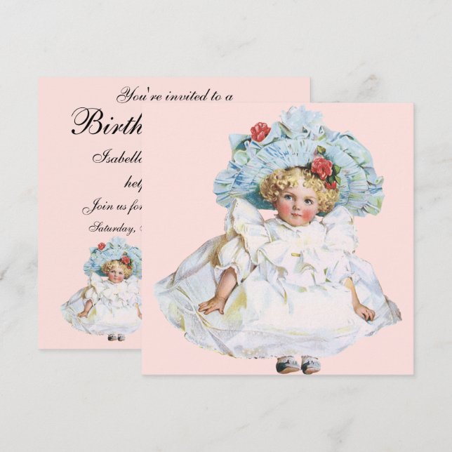 Invitación Vintage Child, Chica Bonito, fiesta de cumpleaños (Anverso / Reverso)