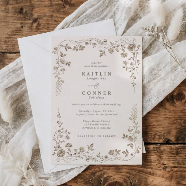 Invitación Vintage Chocolate Brown French Floral Wedding (Ivory wedding invite with chocolate brown vintage floral frame in toile de jouy style)