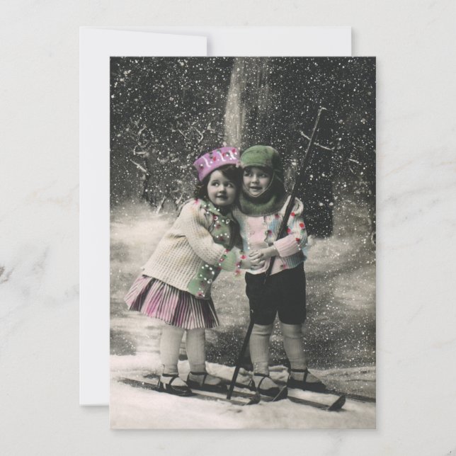 Invitación Vintage Christmas, Best Friends on Skis Invitation (Anverso)