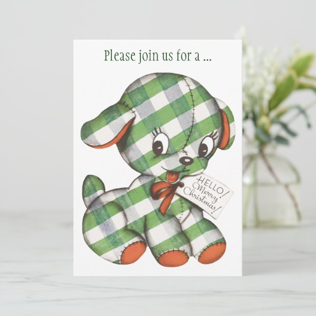 Invitación Vintage Christmas Gingham Puppy Fiesta (Anverso de pie)