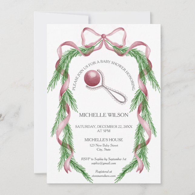 Invitación Vintage Christmas Greeneration Pink Bow (Anverso)