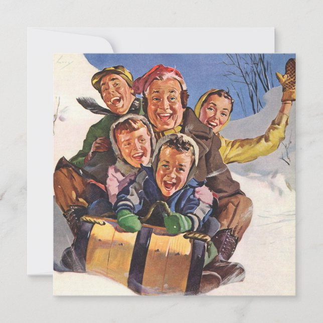 Invitación Vintage Christmas, Happy Family Toboggan Sledding (Anverso)