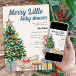 Invitación Vintage Christmas Merry Little Baby Shower<br><div class="desc">La invitación a la ducha de bebé con navidad vintage con "Merry Little Baby Shower". Este diseño acuático presenta un árbol de navidad iluminado, cuna y regalos con tipografía retro en una paleta de colores azul y crema. Genial, original y perfecto para las fiestas. Por favor, navegue por mi colección...</div>