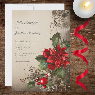Invitación Vintage Christmas Pine & Poinsettias Boda