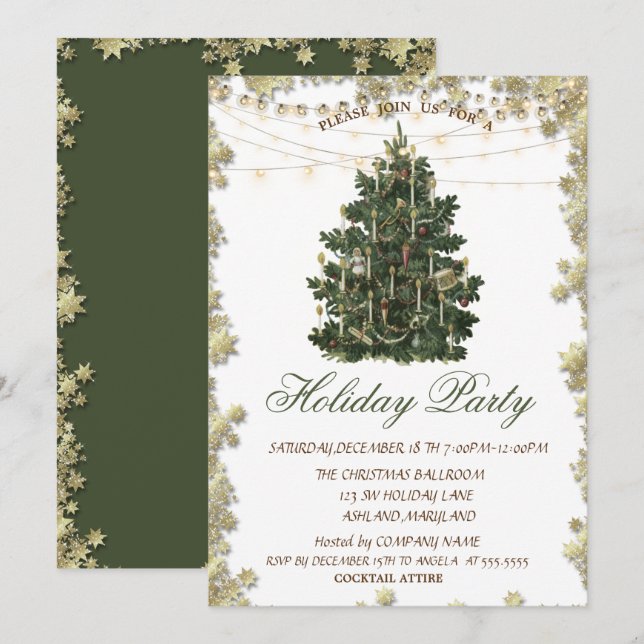 Invitación Vintage Christmas Tree Gold Stars (Anverso / Reverso)