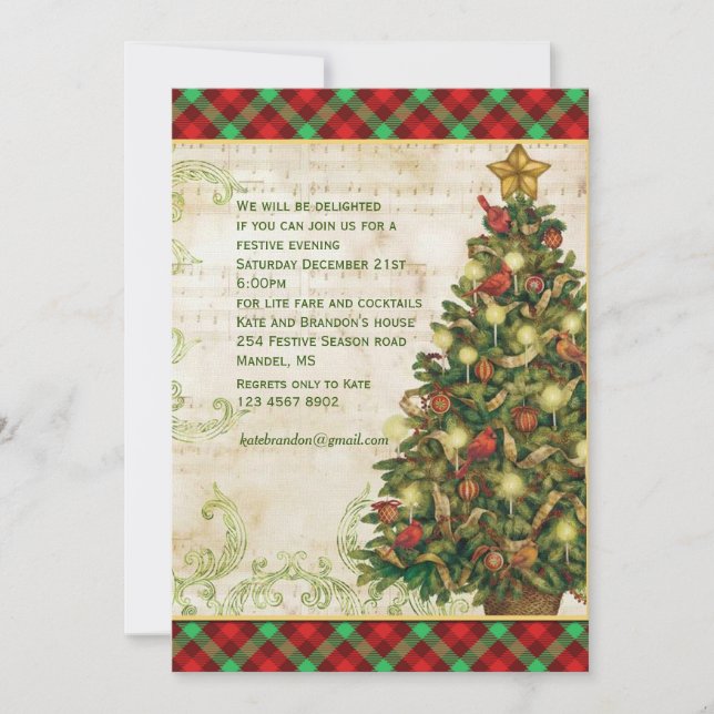 Invitación Vintage Christmas Tree Swirls Scottish Tartán (Anverso)