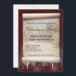 Invitación Vintage Christmas Winter Scroll Icicle Snowflake<br><div class="desc">Ilustracion de pergamino de invierno con papel antiguo con un paisaje nevado y decorado con nieve y músculos sobre un fondo rojo oscuro de borgoña con copos de nieve.</div>