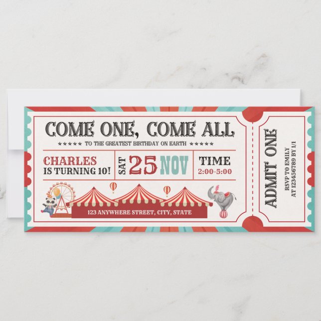 Invitación Vintage Circus Carnival Ticket Cumpleaños (Anverso)