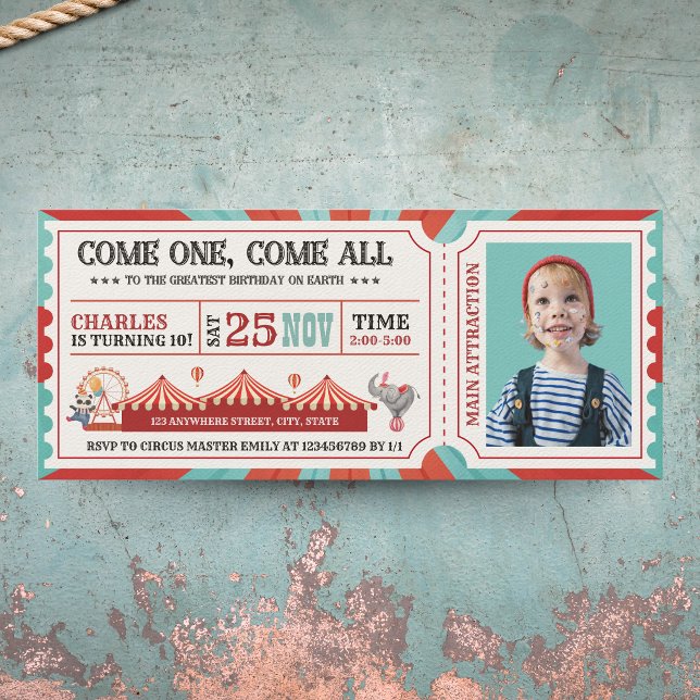 Invitación Vintage Circus Carnival Ticket Foto Cumpleaños (Photo Birthday Invitation - Circus Theme)