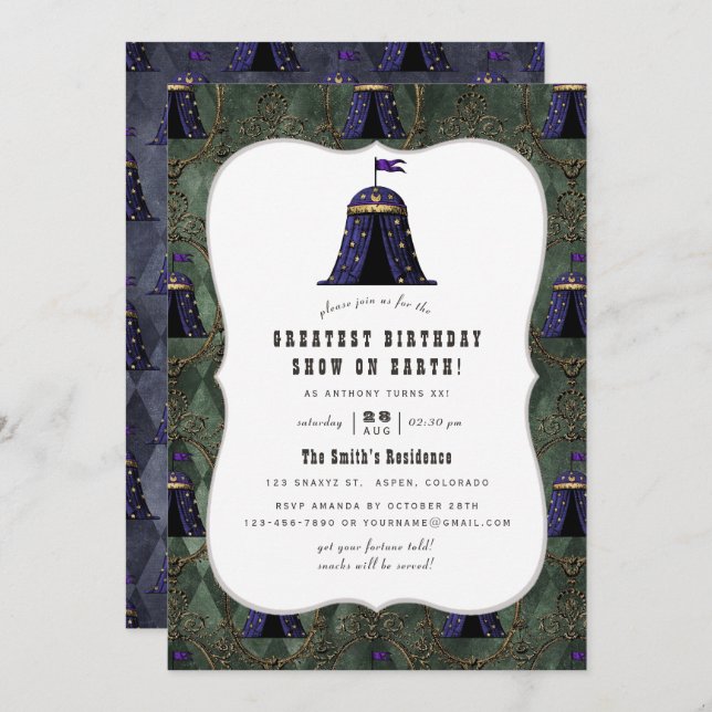 Invitación Vintage Circus Them Birday Party (Anverso / Reverso)