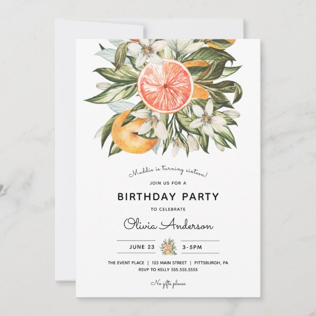 Invitación Vintage Citrus and Greenery Birthday Party (Anverso)