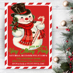 Invitación Vintage Classic Snowman Personalizado Navidades Fi<br><div class="desc">Esta invitación a la fiesta de Navidad retro de mediados de siglo incluye un bastón de caramelo rojo y blanco con un adorable muñeco de nieve usando un sombrero top, bufanda y llevando un bastón de caramelo. Las palabras "únete a nosotros por un Fiesta muy Feliz" se suman a la...</div>