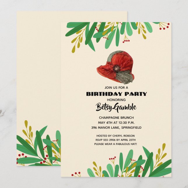 Invitación Vintage Cloche Derby Birthday Party (Anverso / Reverso)